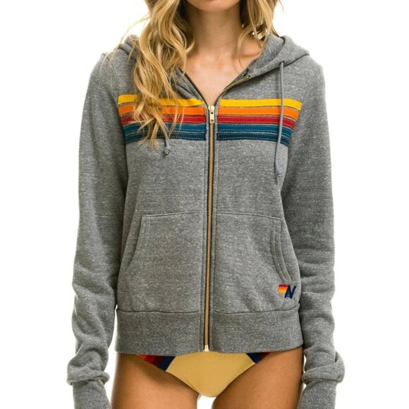 Aviator Nation Gray 5 Stripe Rainbow Classic Zip Fleece Hoodie Sweatshirt XS - Picture 9 of 9